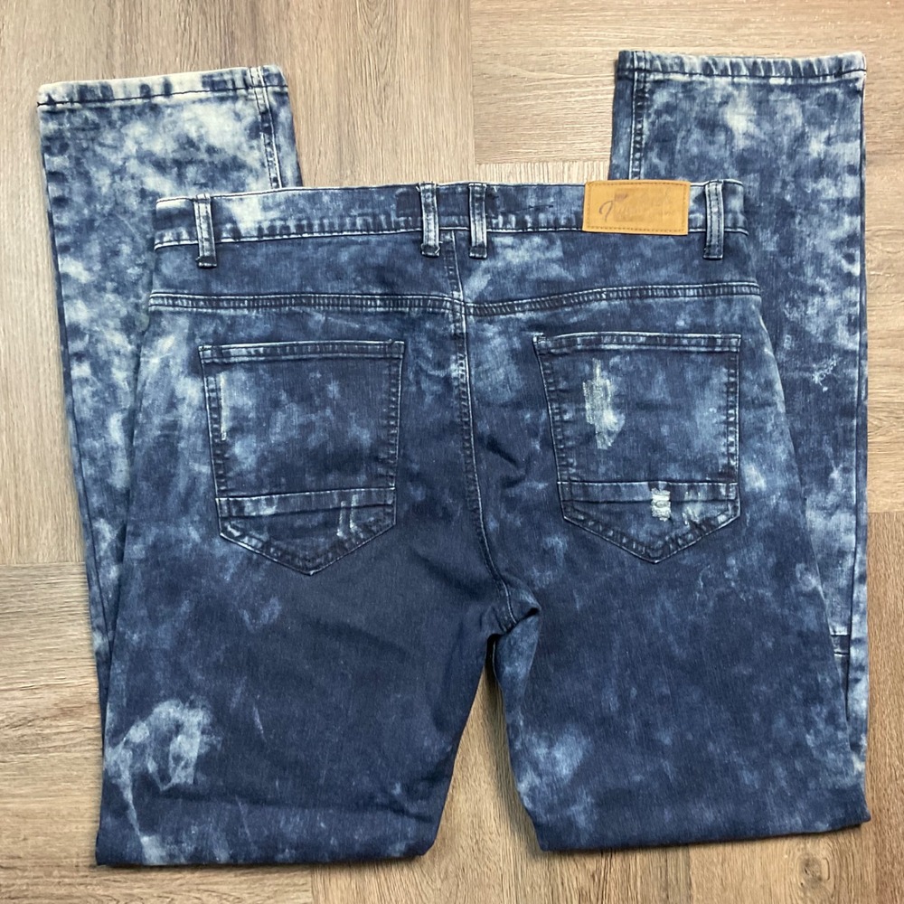 True‎ Luck Jeans Mens 36x34 Blue Distressed Acid Wash Slim Fit Moto Biker Denim - Picture 2 of 11